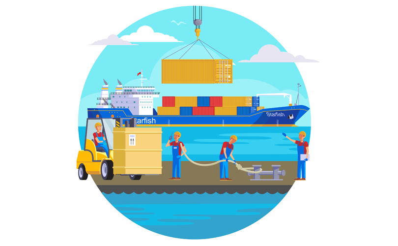 Port workers managing freight loading